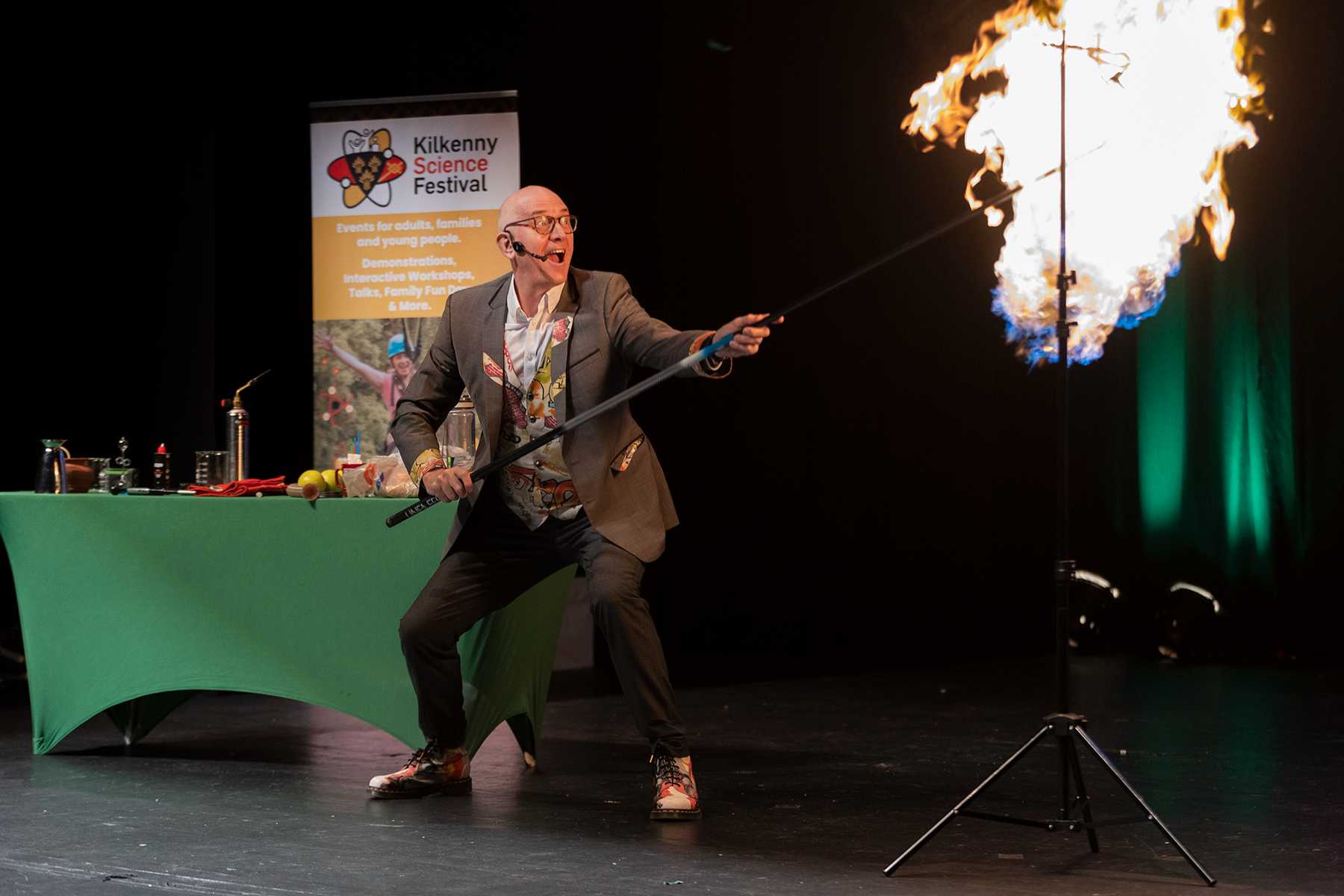 Methane gas balloon explodes into a dramatic fireball during an environmental science show, as Dr Ken demonstrates hazards of rotting food waste.